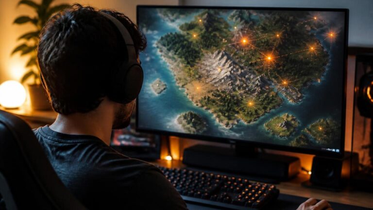 Jogador observando um mapa do jogo com ícones de eventos destacando locais aleatórios no terreno