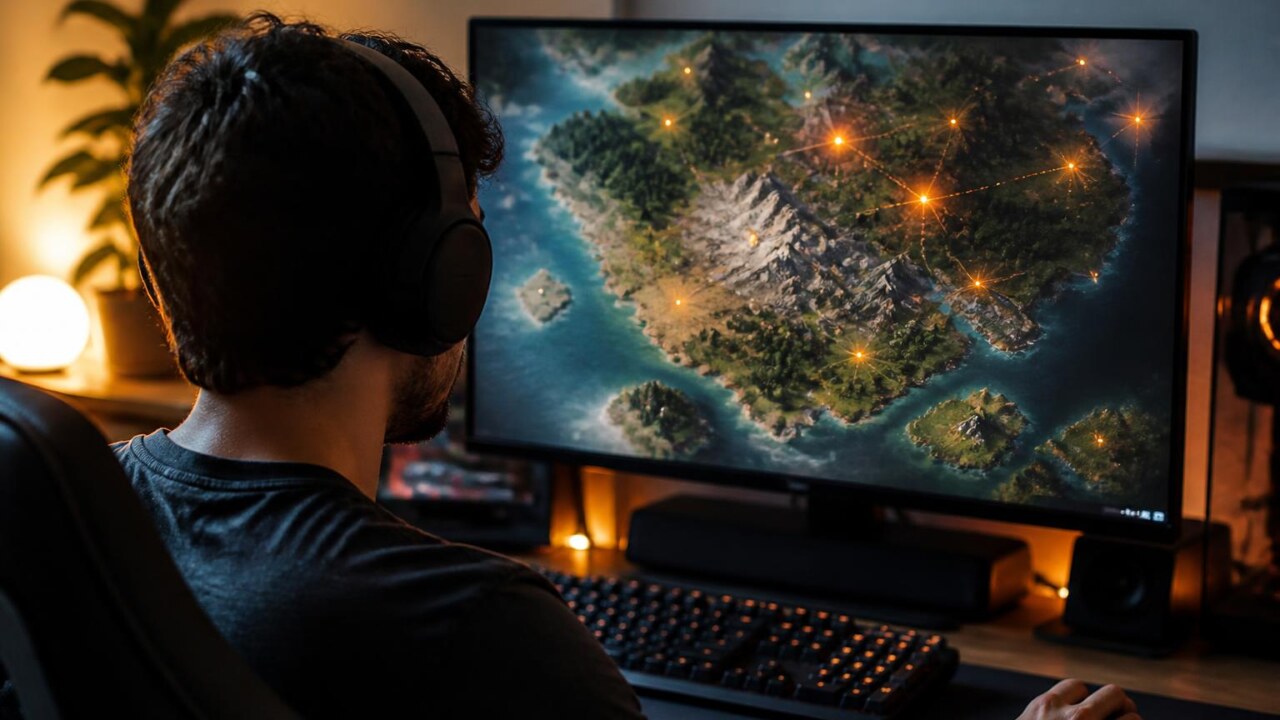 Jogador observando um mapa do jogo com ícones de eventos destacando locais aleatórios no terreno